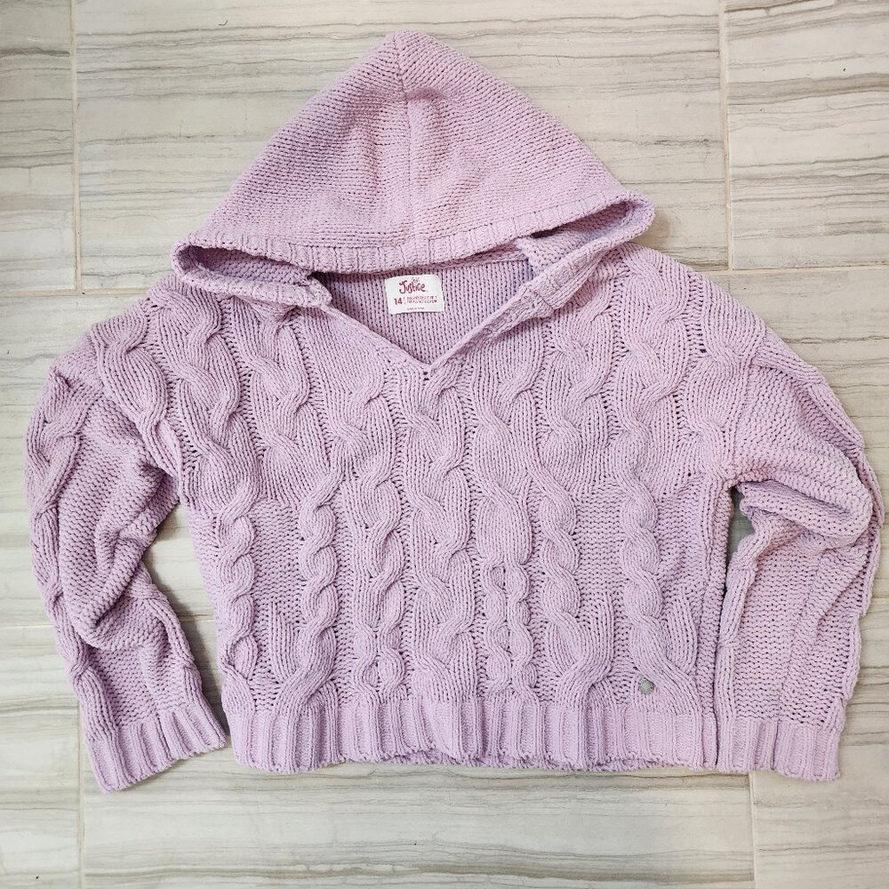 Justice Girls Knitted V-Neck Purple Cropped Sweater w/ Hood